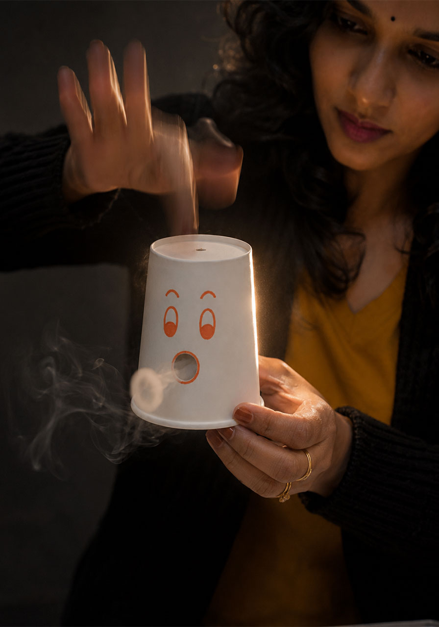 Tapping the paper cup to fire a smoke ring in the kids' science experiment