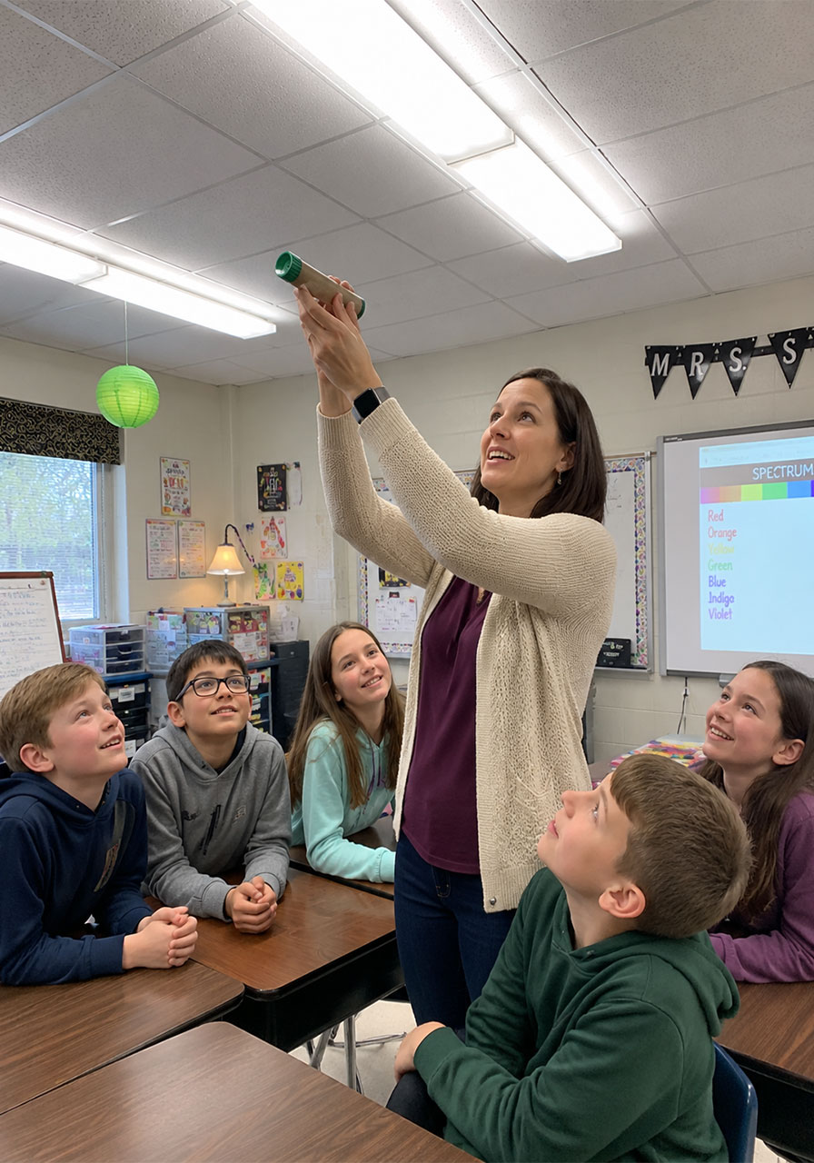 Teacher demonstrating a homemade cardboard spectrometer to elementary students
