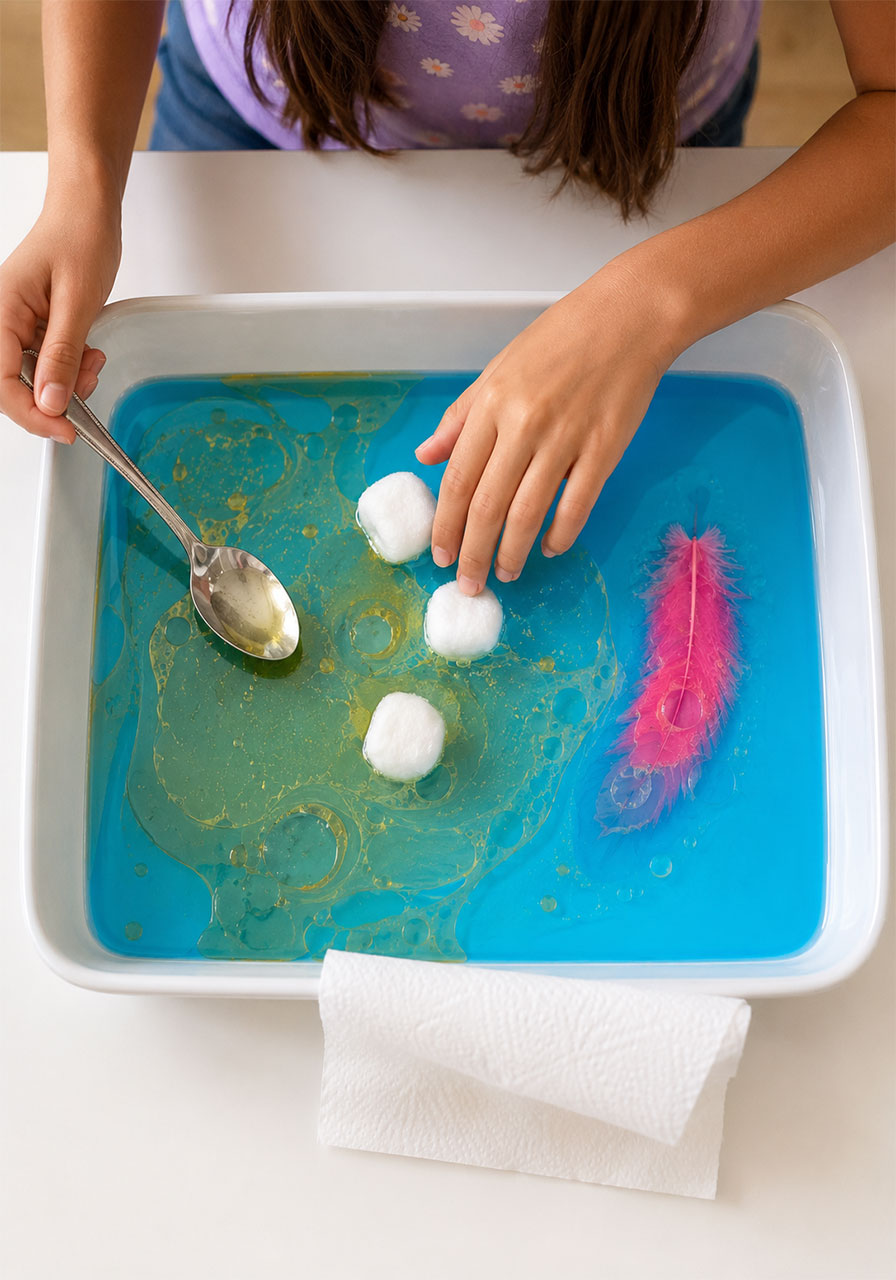 Kids testing cotton balls, spoons, and feathers to clean up a simulated oil spill in water