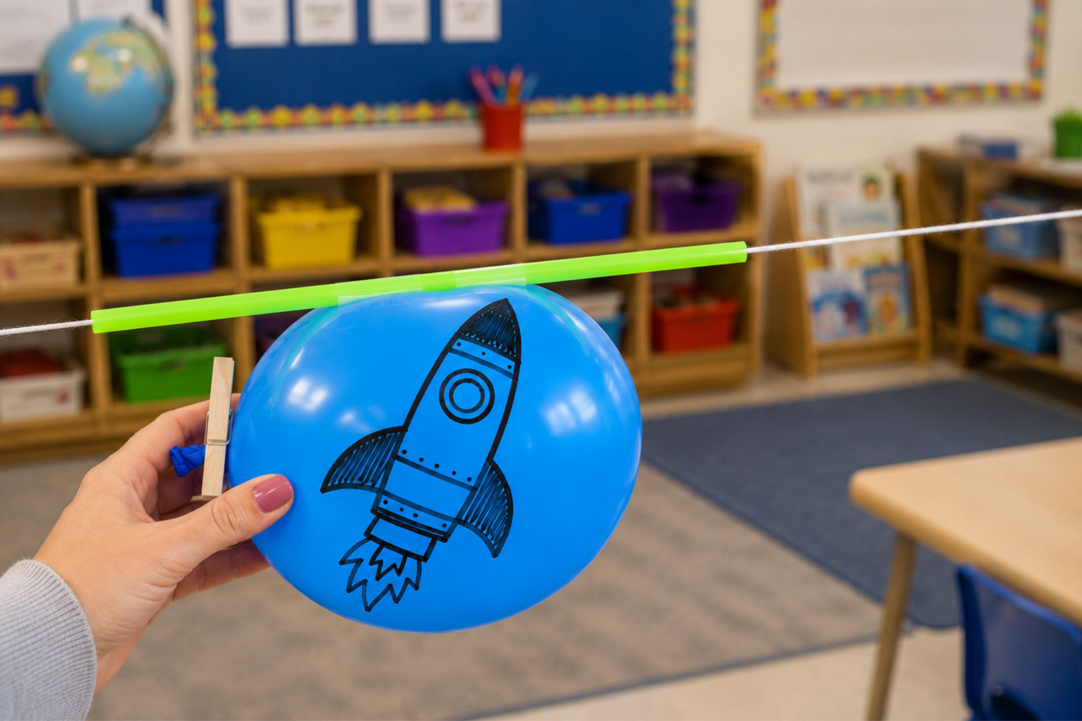 Threading a balloon rocket's straw onto a string track before launch