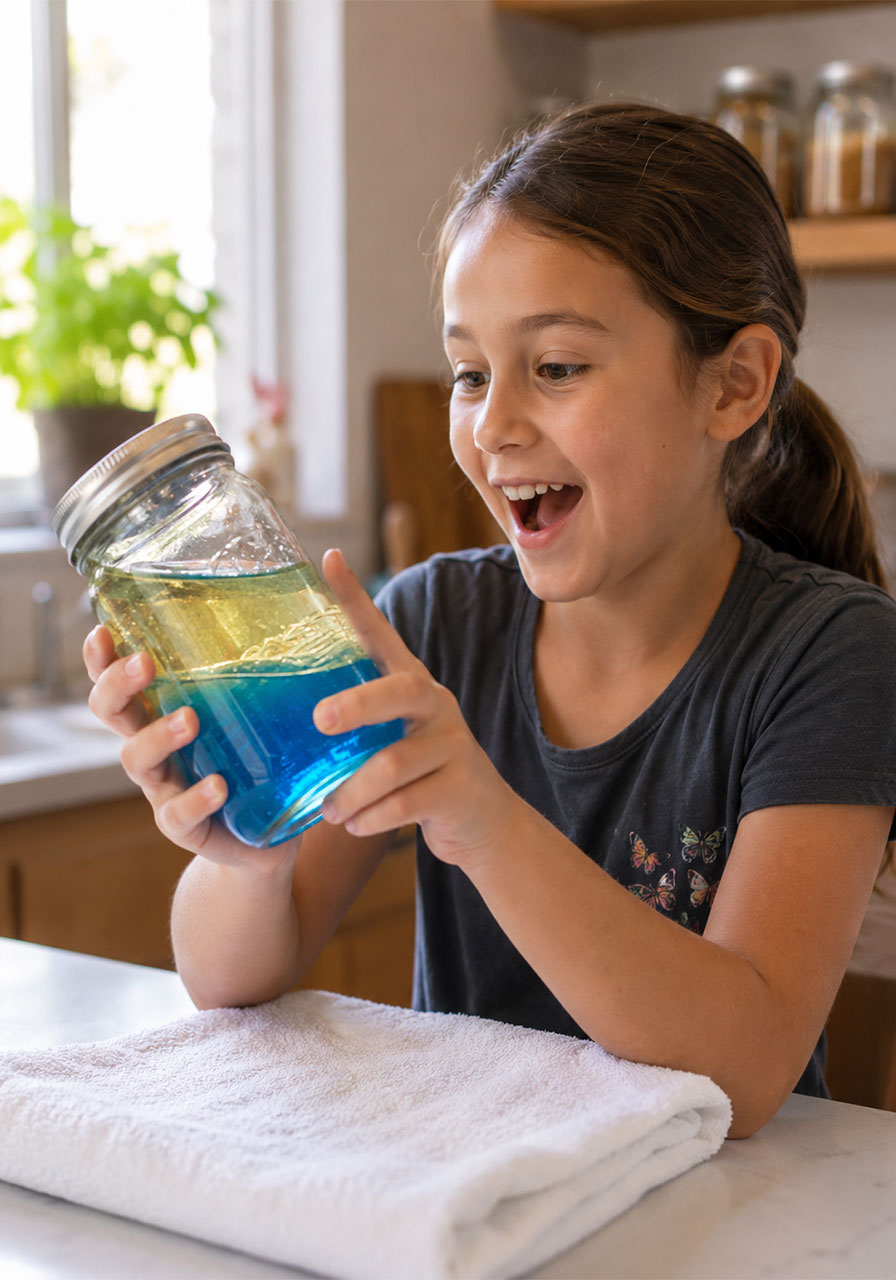 Child tilting jar to create rolling wave motion in ocean science experiment