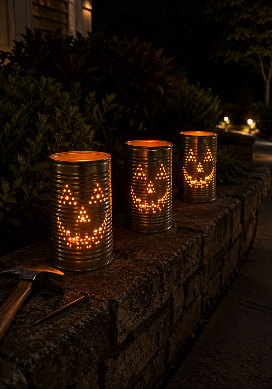 Punched tin can luminaries glowing with jack-o'-lantern light patterns