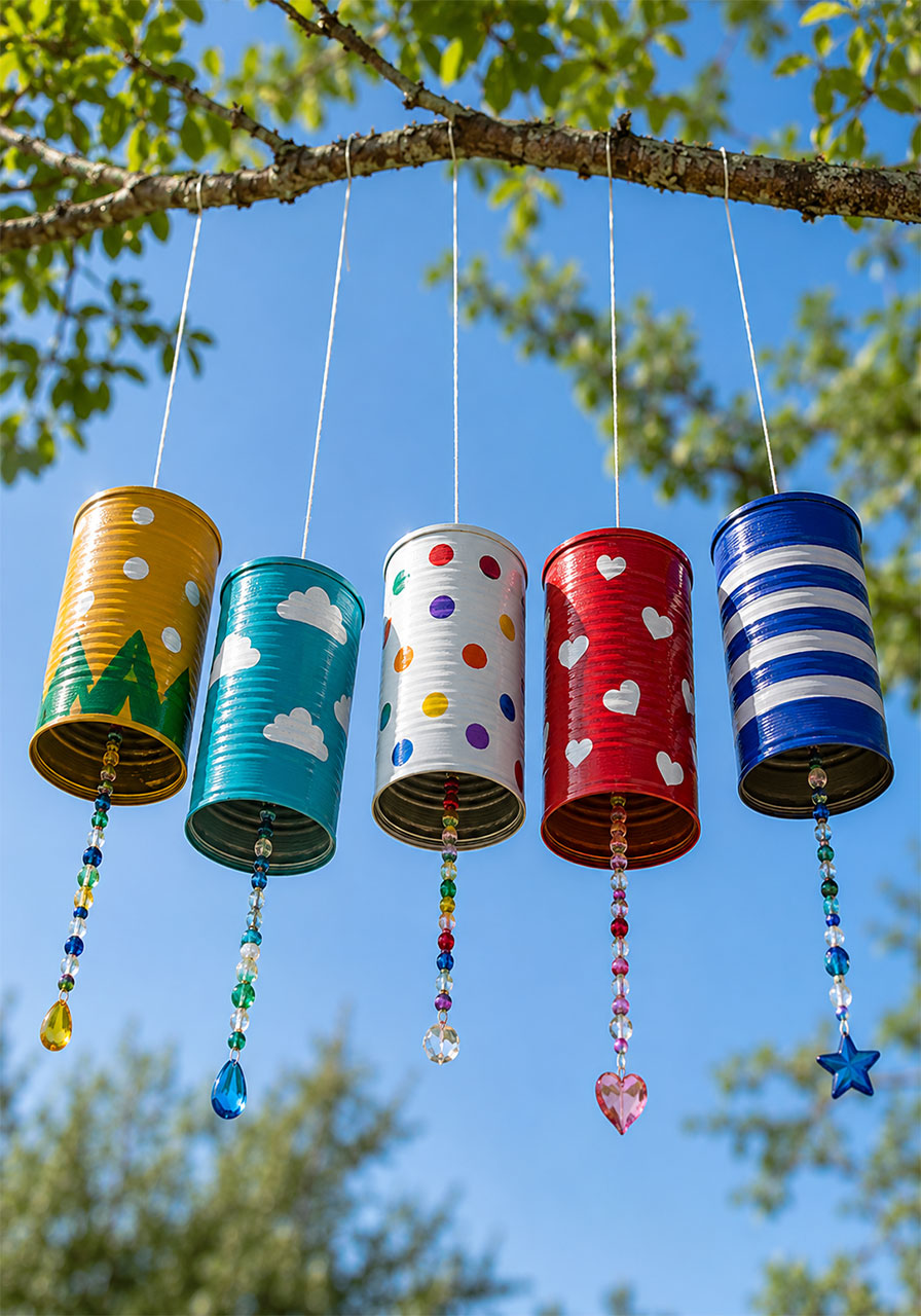 Finished tin can wind chimes hanging from a tree branch, a completed STEM craft activity for kids