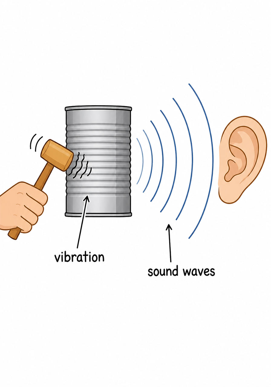 Diagram illustrating how vibration from a struck tin can creates sound waves, explaining the STEM science behind wind chimes