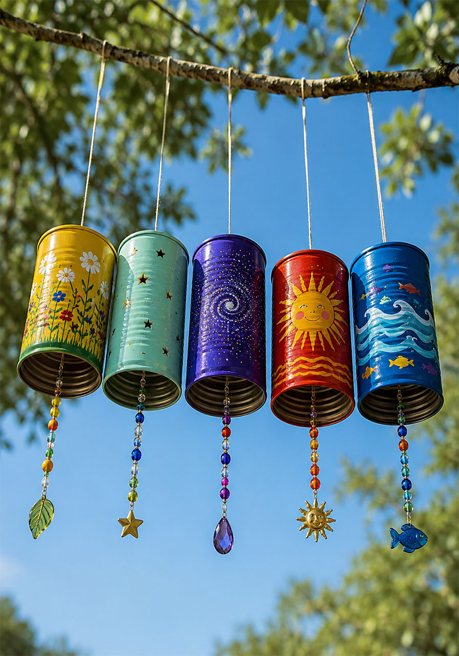 Five colorful hand-painted tin can wind chimes hanging outdoors, a fun STEM activity for kids