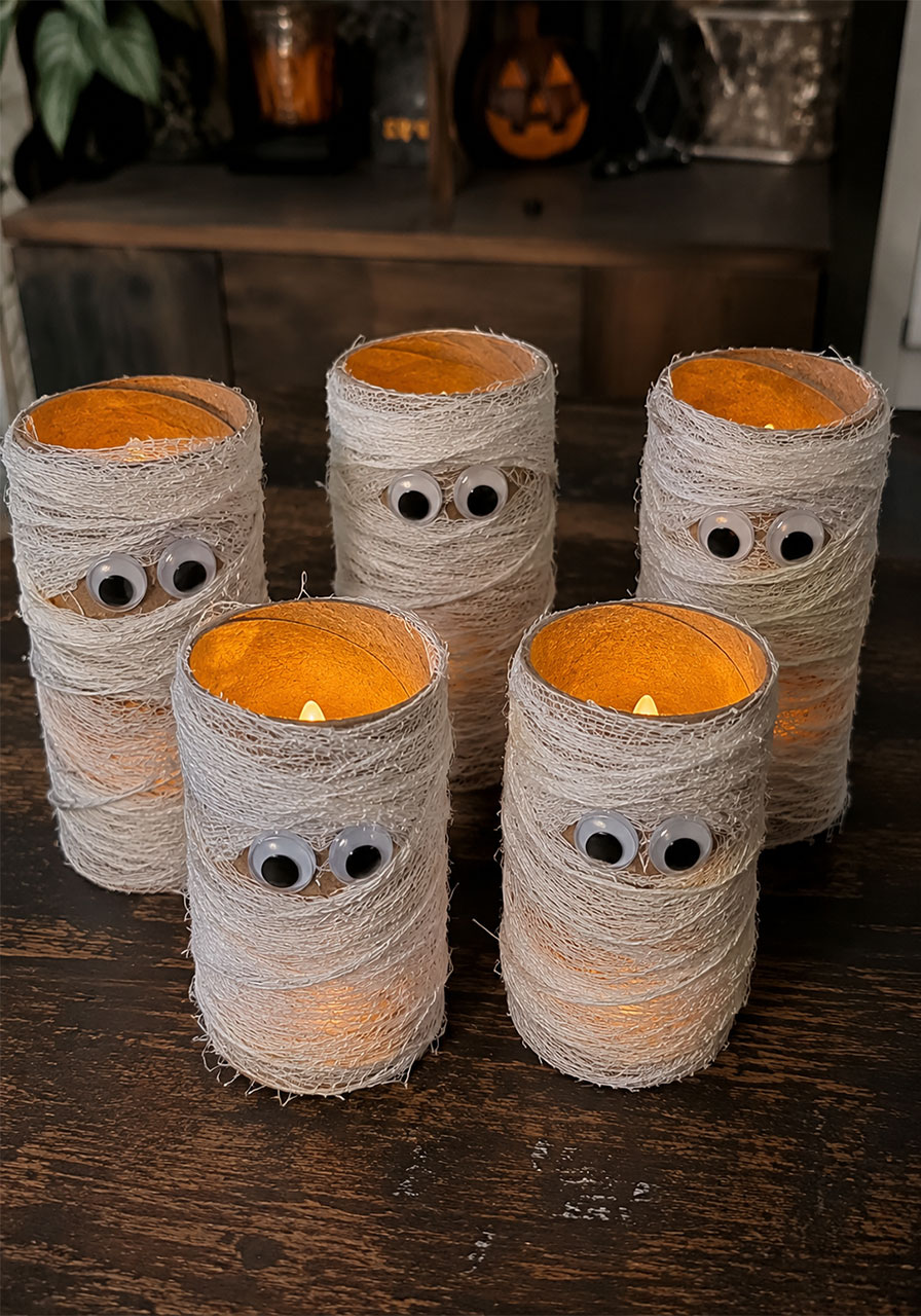 DIY toilet paper roll mummy candle holder Halloween craft