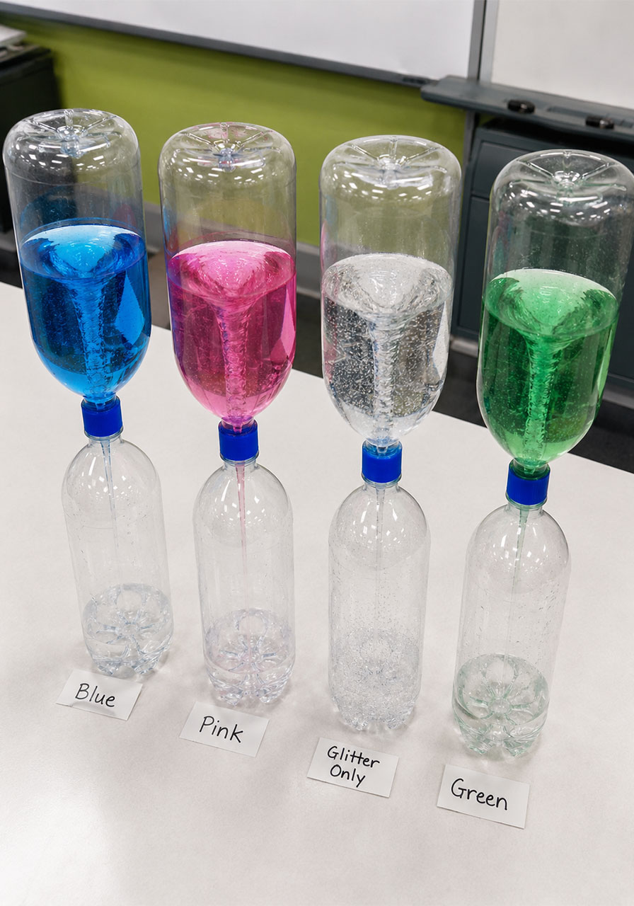 Fun tornado in a bottle variations comparing different colors and glitter