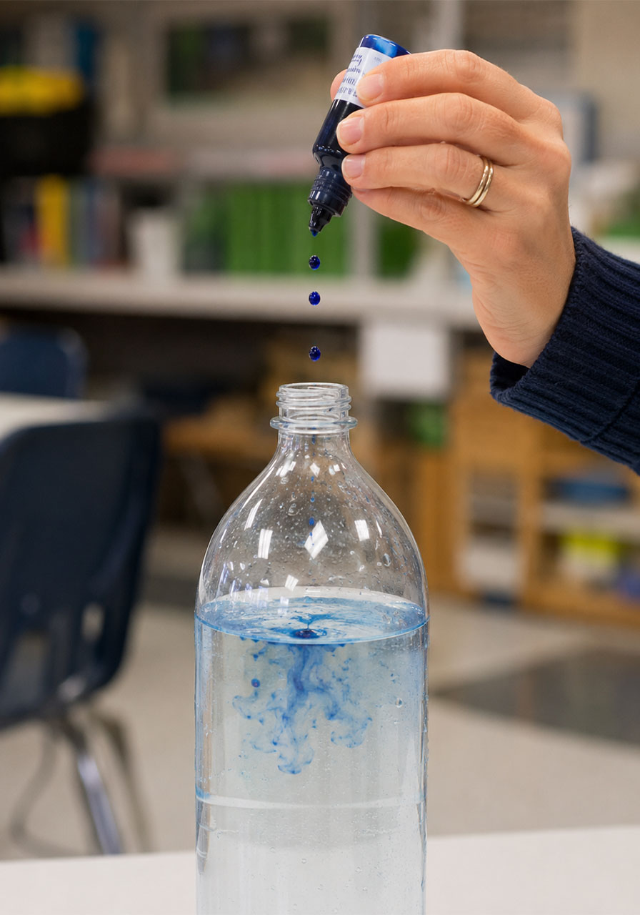Adding blue food coloring to water for a tornado in a bottle science experiment