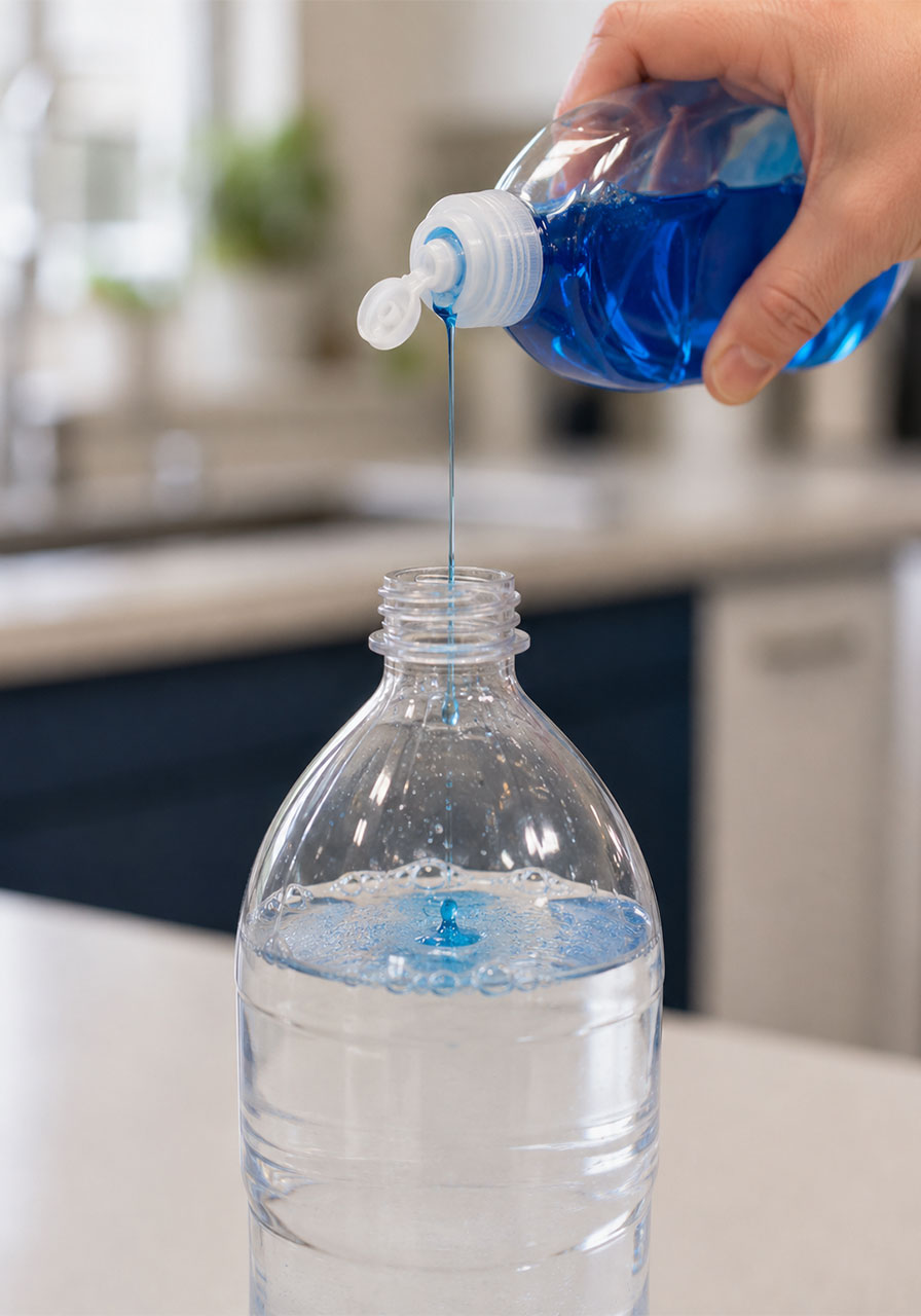 Adding dish soap to water for the tornado in a bottle science experiment