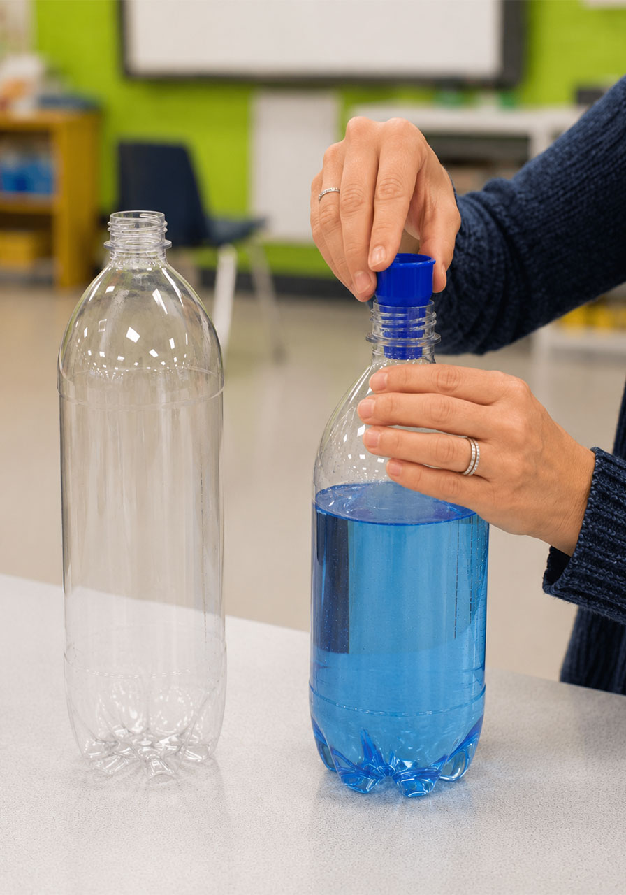 Connecting two bottles with a tornado tube connector for the tornado in a bottle experiment