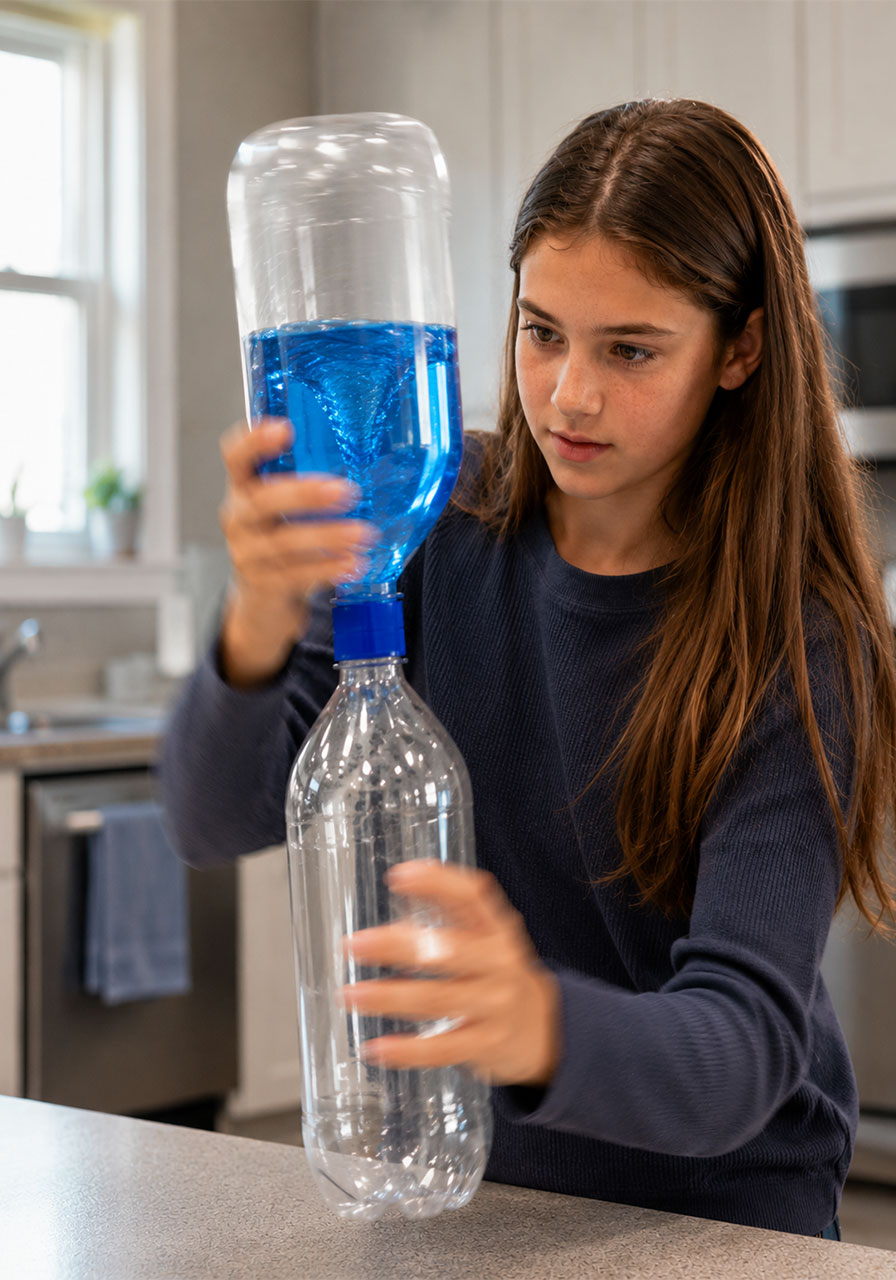 Swirling the connected bottles to start the tornado vortex motion