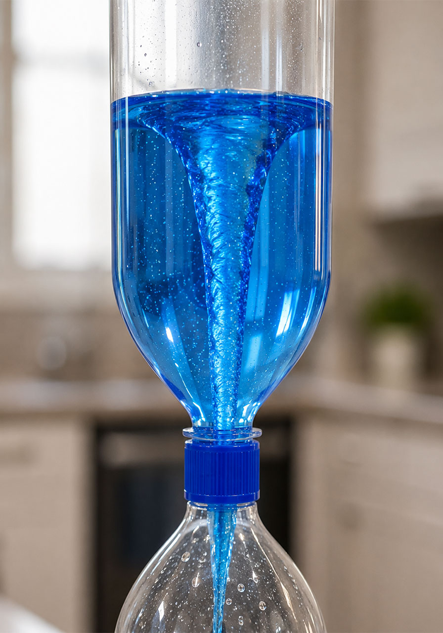 Watching the tornado funnel form and drain inside the bottle