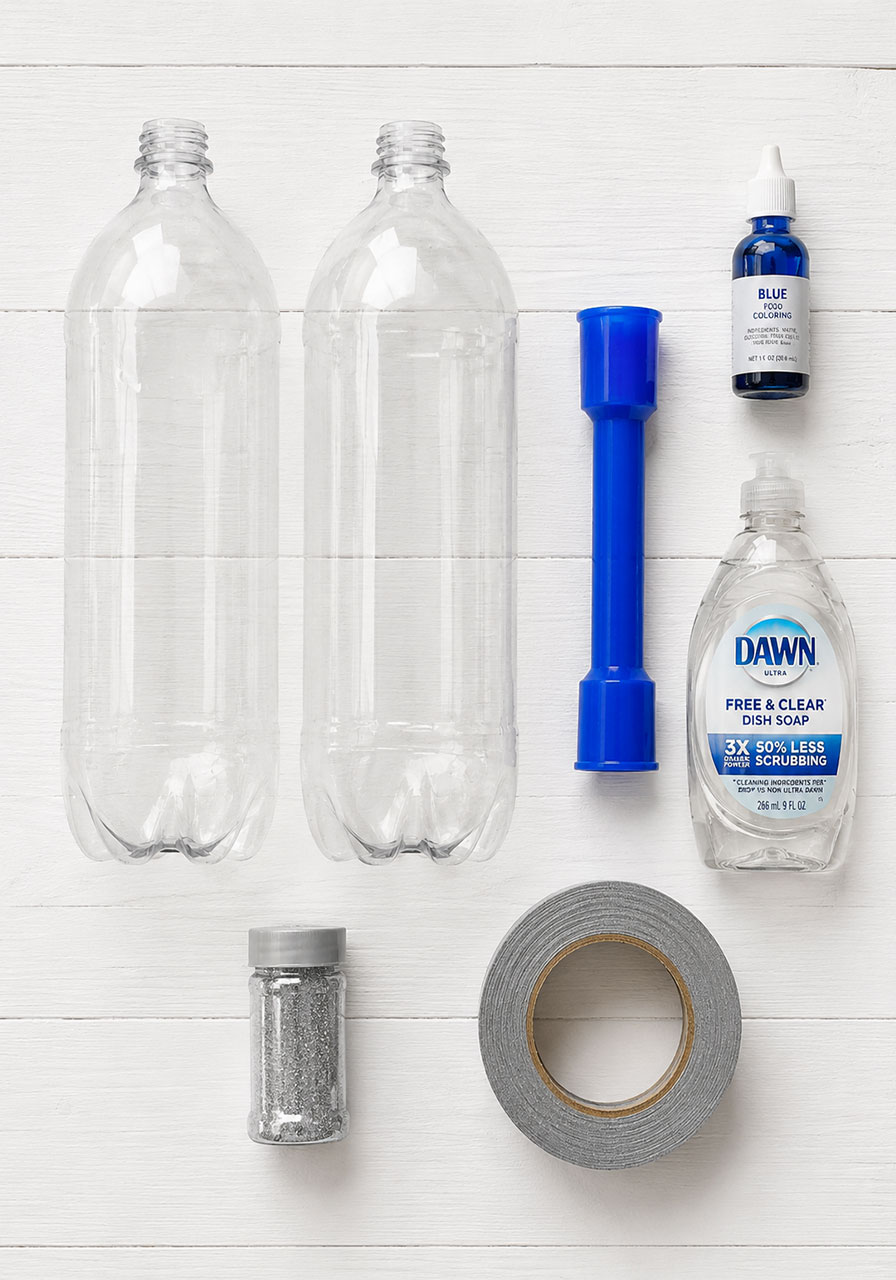 Supplies needed to make a tornado in a bottle: bottles, connector, dish soap, food coloring