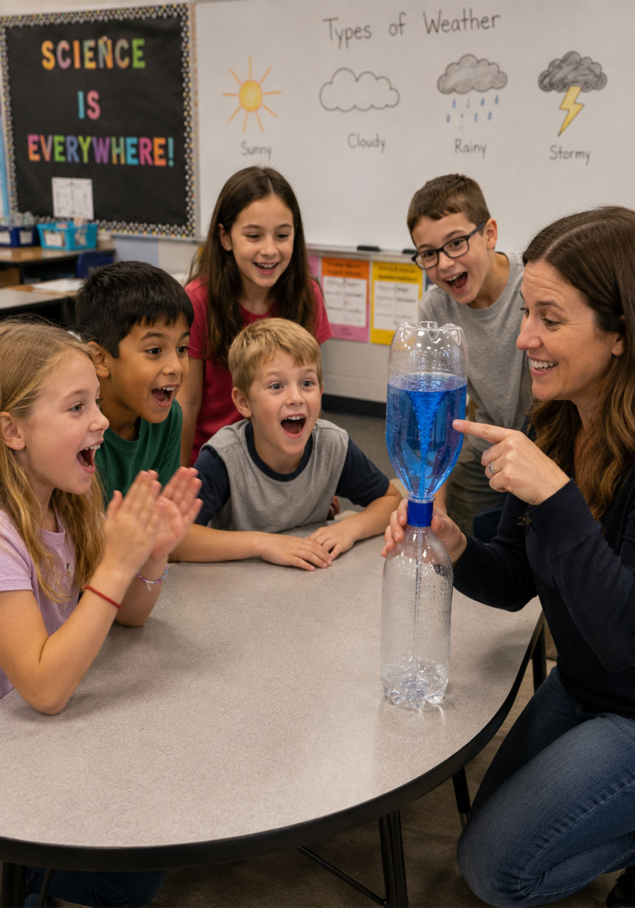 Kids and teachers enjoying the tornado in a bottle STEM experiment together