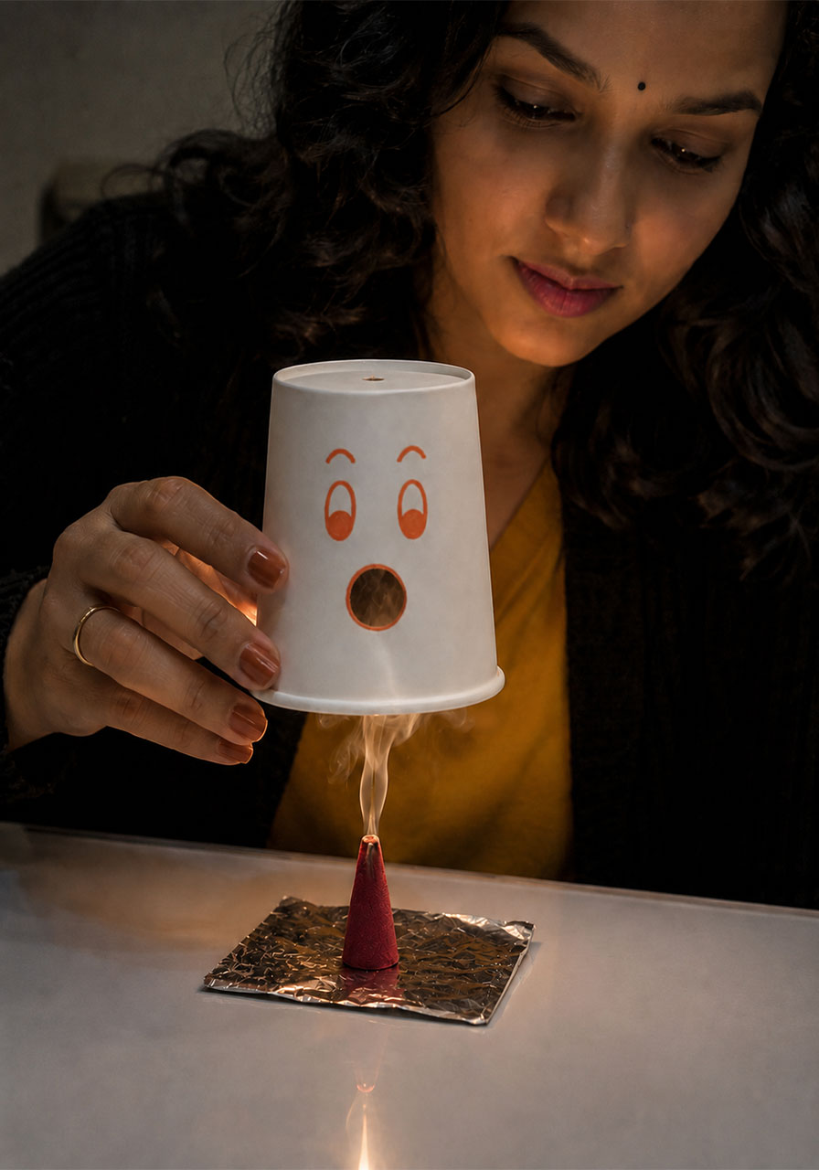 Trapping incense smoke inside the paper cup before firing a smoke ring