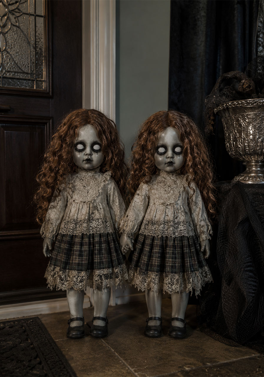 Matching twin dolls staged at a front entryway for creepy Halloween decoration