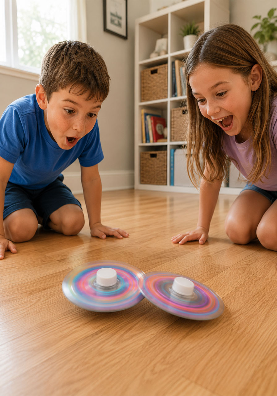 Two homemade CD spinning tops colliding during a STEM extension activity for kids