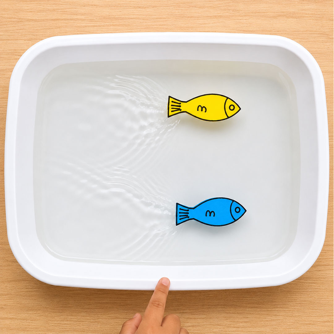 Two foam fish swimming across water at once in fun STEM experiment for kids