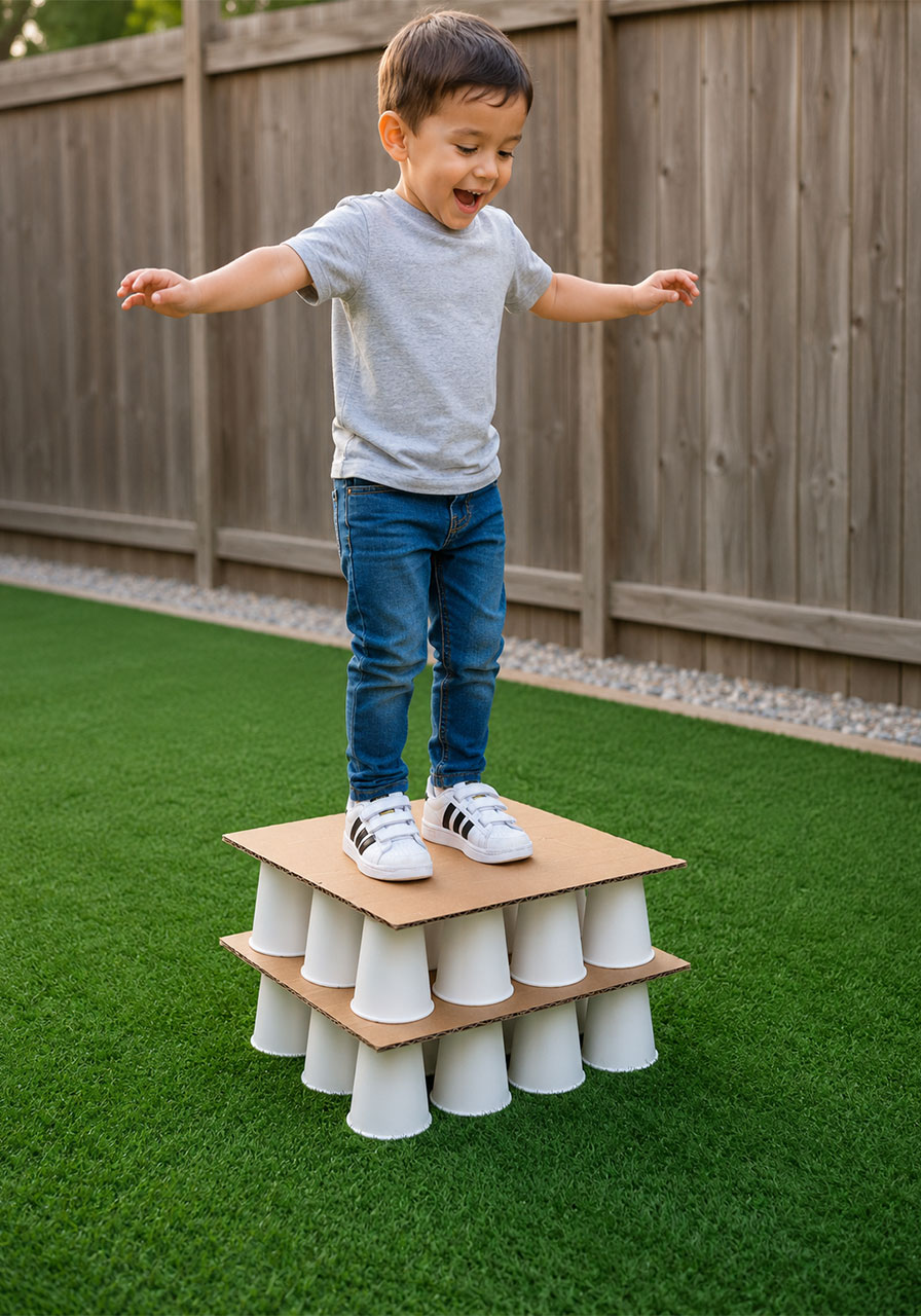 Two-layer paper cup and cardboard tower holding a child's full body weight
