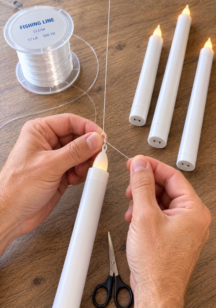 Tying fishing line to battery-operated candles for the floating candle effect