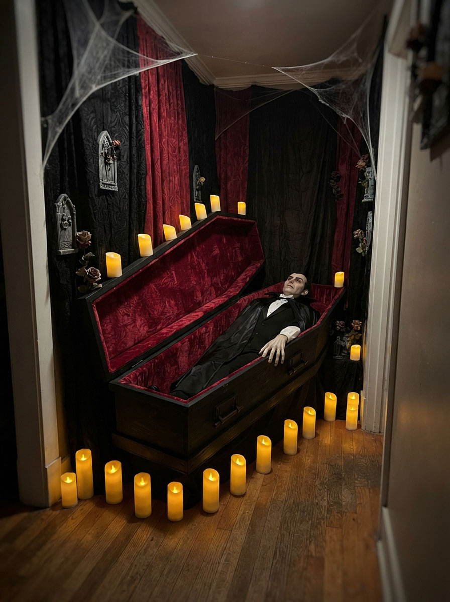 Vampire crypt coffin Halloween decoration idea with candlelit gothic hallway display