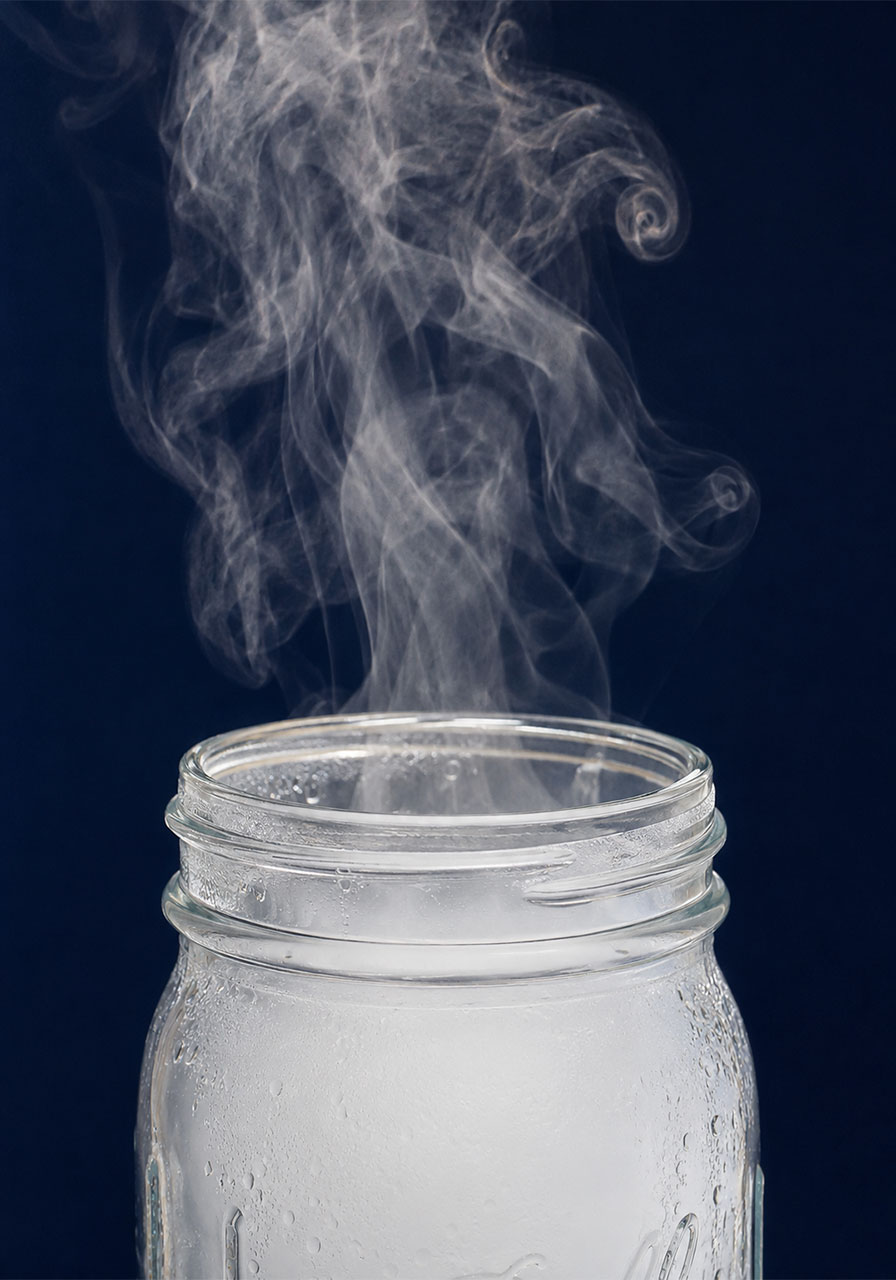Close-up of water vapor cloud forming inside mason jar experiment
