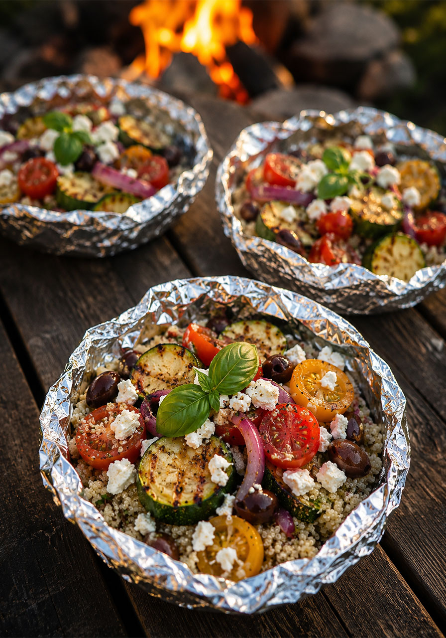 Vegetarian Mediterranean quinoa foil pack with feta and vegetables for camping