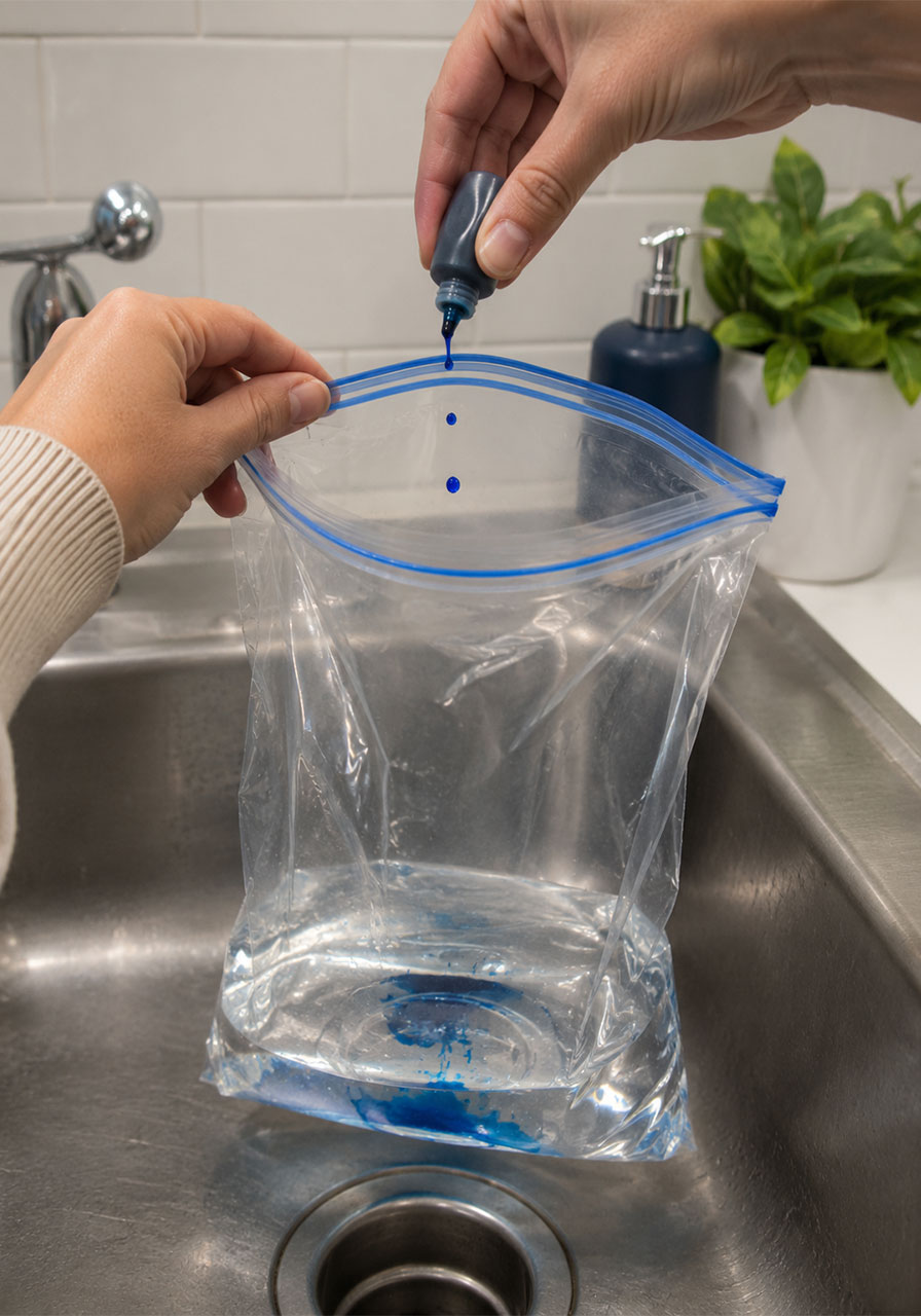 Adding blue food coloring to water inside a Ziploc bag for a water cycle science experiment