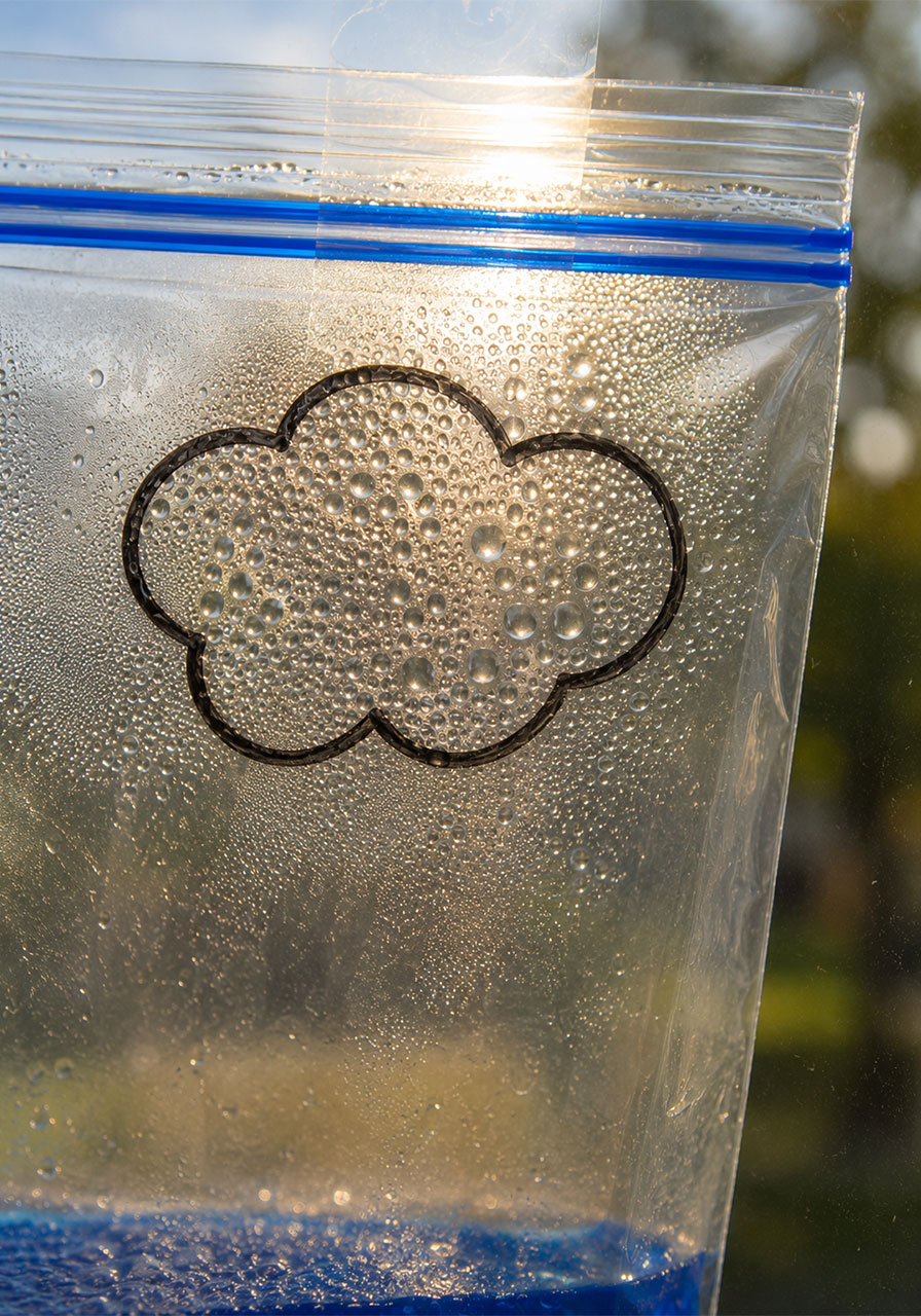 Condensation droplets forming near the cloud drawing on a water cycle bag experiment