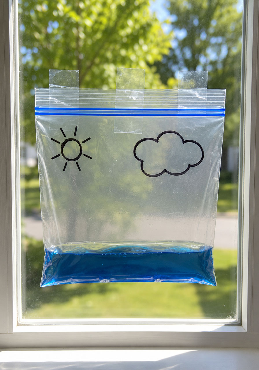 Water cycle bag experiment taped to a sunny window ready for evaporation and condensation