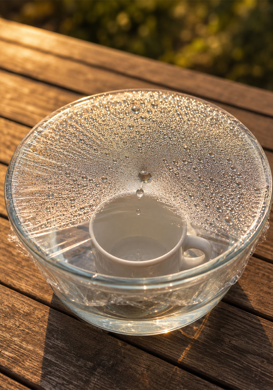 Condensation droplets forming on plastic wrap after several hours in the sun during a water cycle experiment