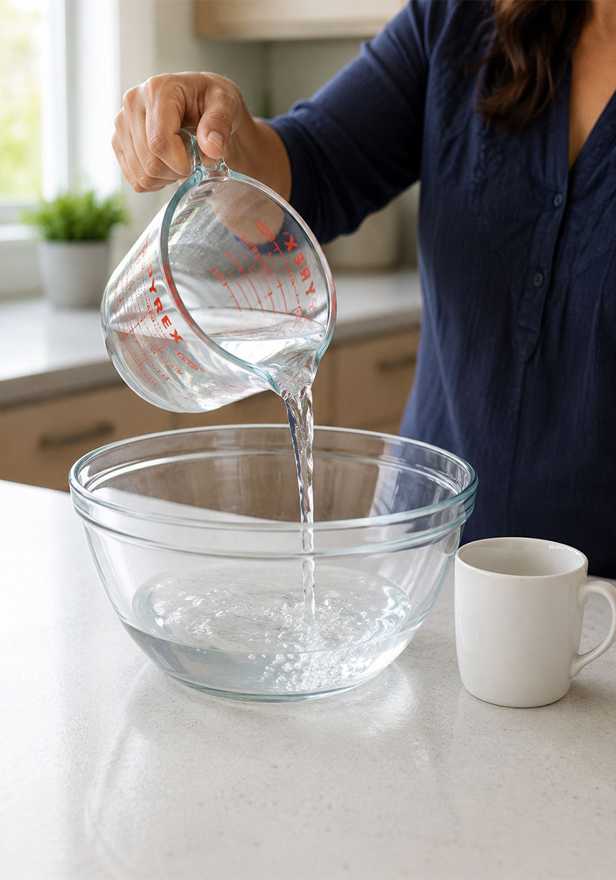 Pouring water into a glass bowl as the first step of the water cycle evaporation experiment