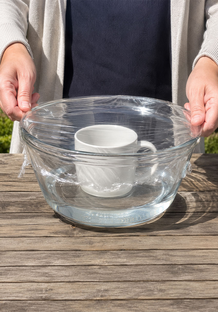 Sealing a water cycle experiment bowl with plastic wrap before placing it in the sun