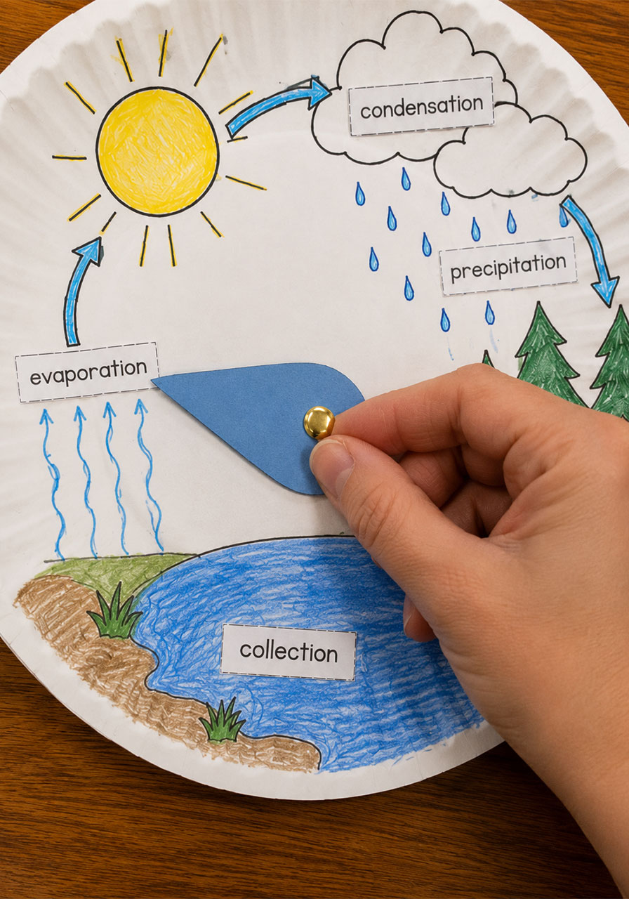Attaching a spinning raindrop arm to a water cycle wheel craft with a brass fastener