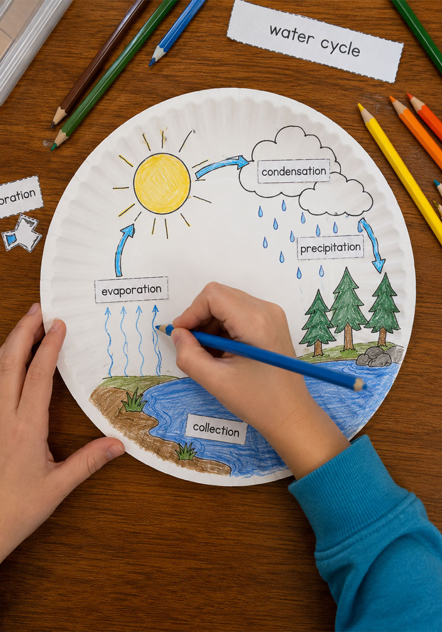 Coloring and labeling a water cycle diagram as the first step of the paper plate wheel craft