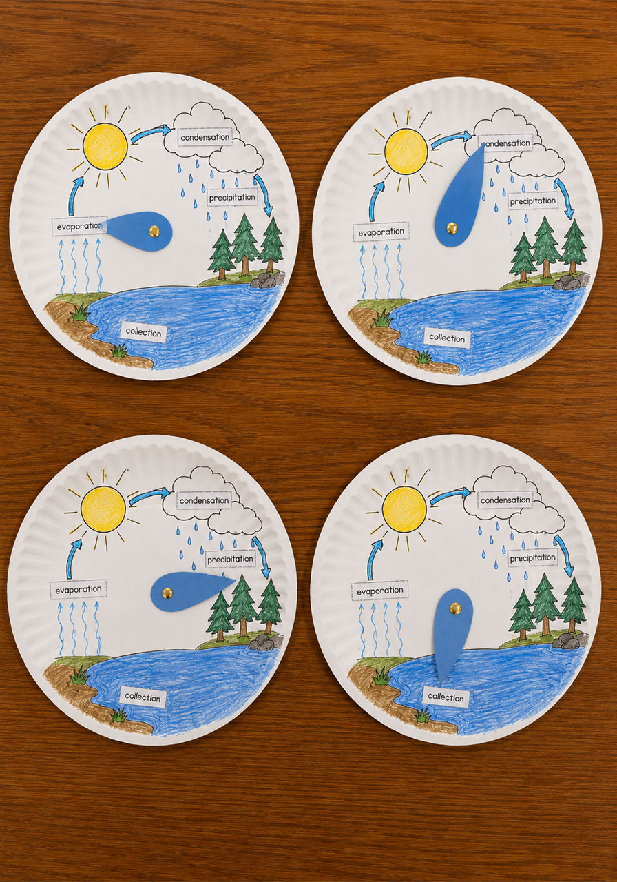 Completed water cycle wheel crafts showing the raindrop arm pointing to each stage of the cycle