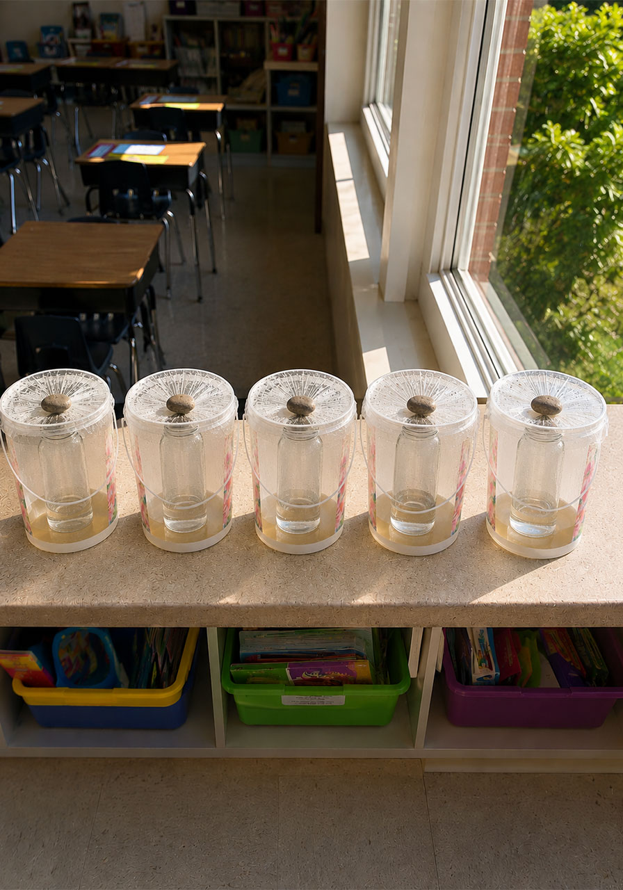 Multiple solar still water purifier STEM activity setups for a classroom science lesson