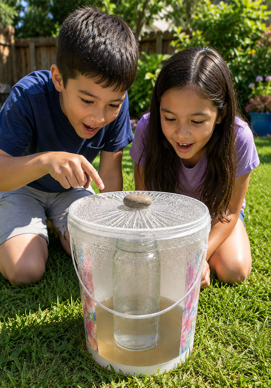 Kids observing evaporation and condensation during a hands-on water purifier STEM activity