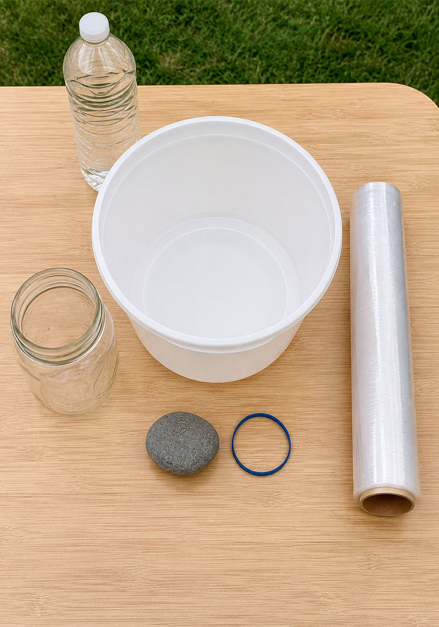 Materials needed for a water purifier STEM activity including jar bucket and plastic wrap