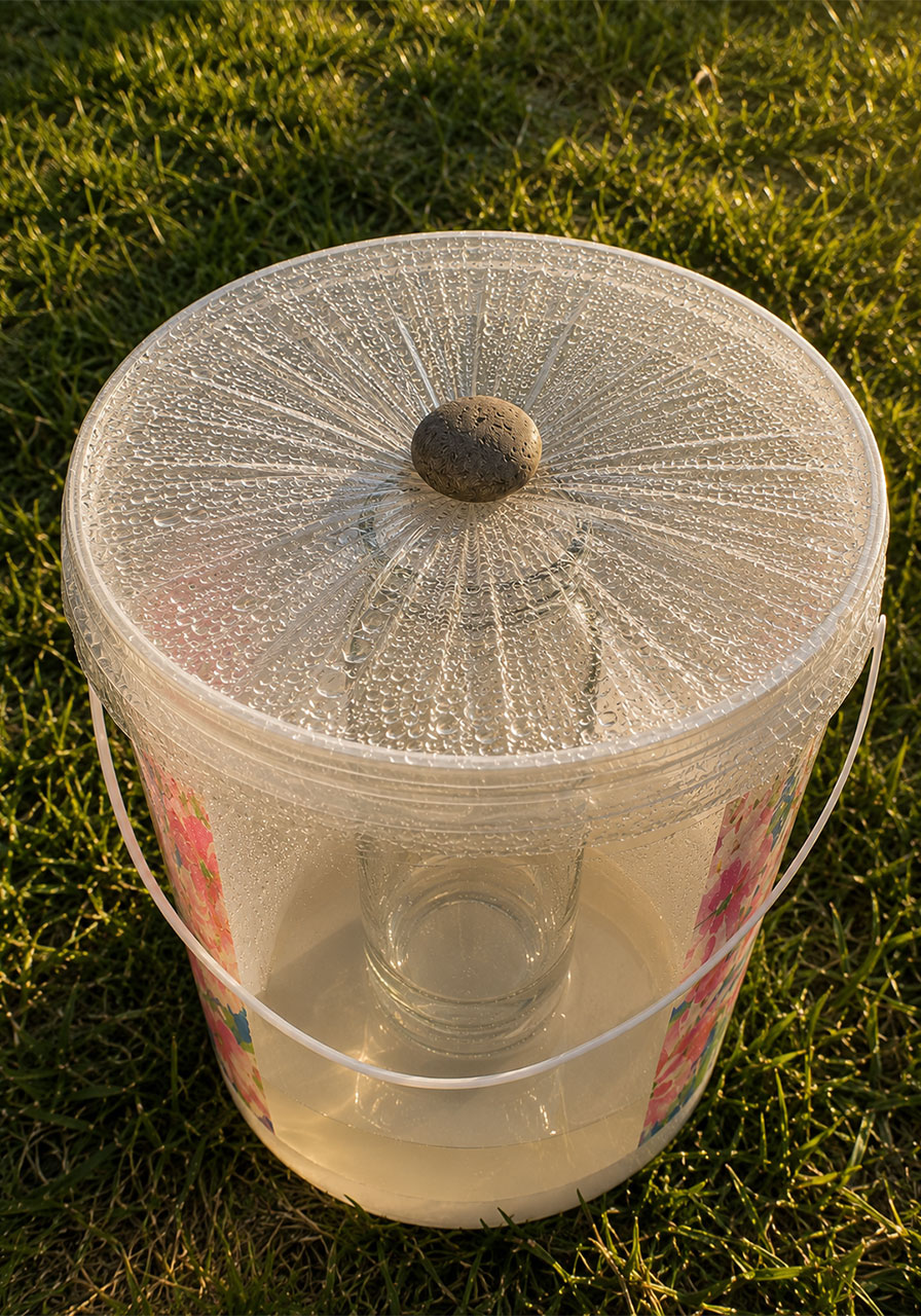Solar still water purifier STEM activity setup with condensation forming on plastic wrap