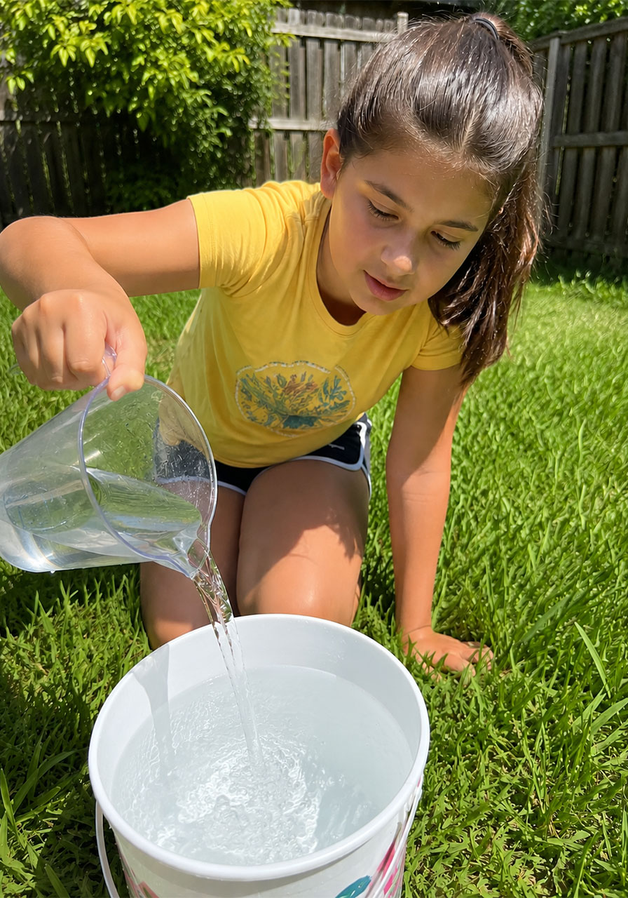 Child pouring water into bucket to start a water purifier STEM activity