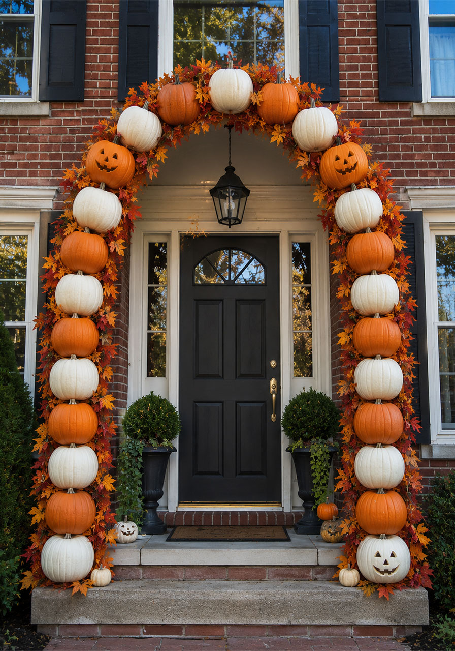 White and orange pumpkin archway decorating a front porch for Halloween