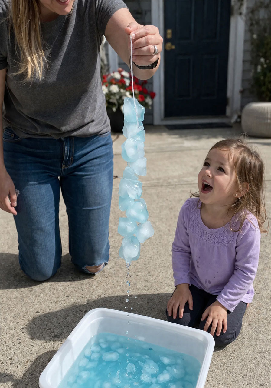 Full chain of ice cubes lifted together on a single string during winter STEM activity