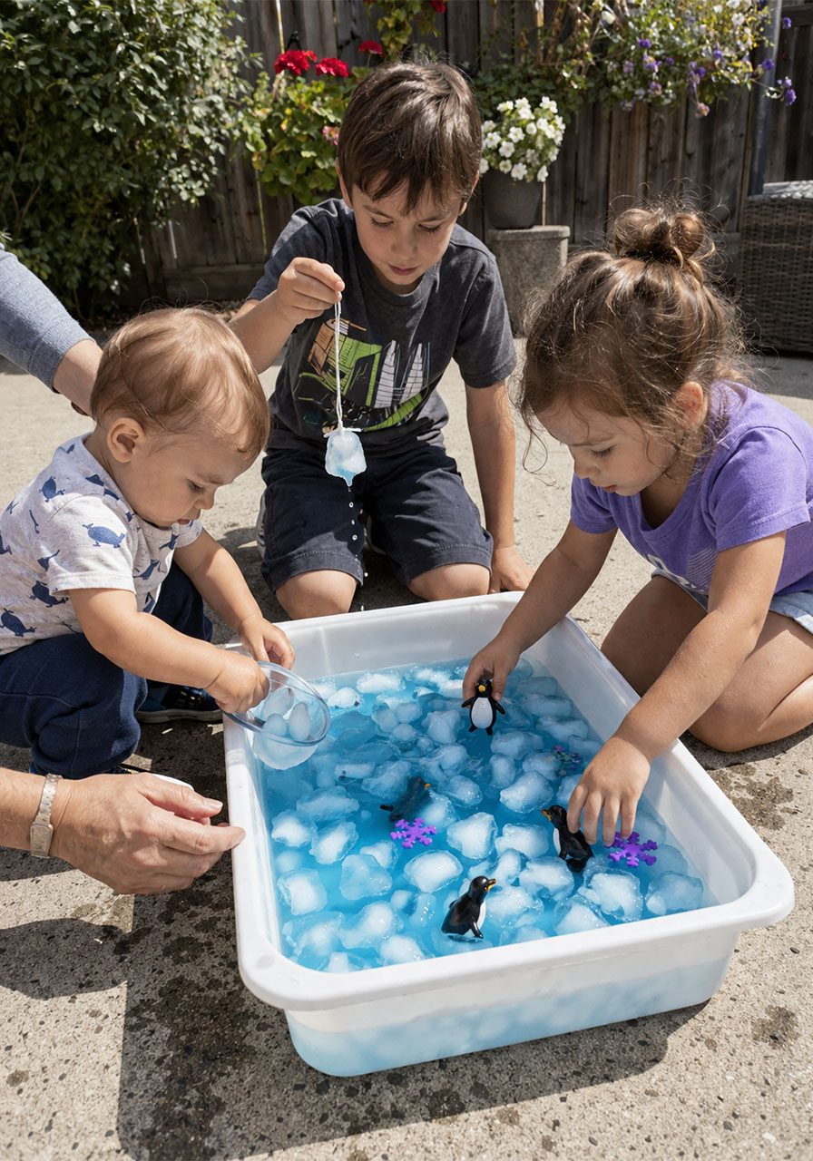 Children of different ages safely enjoying winter ice STEM sensory activity together