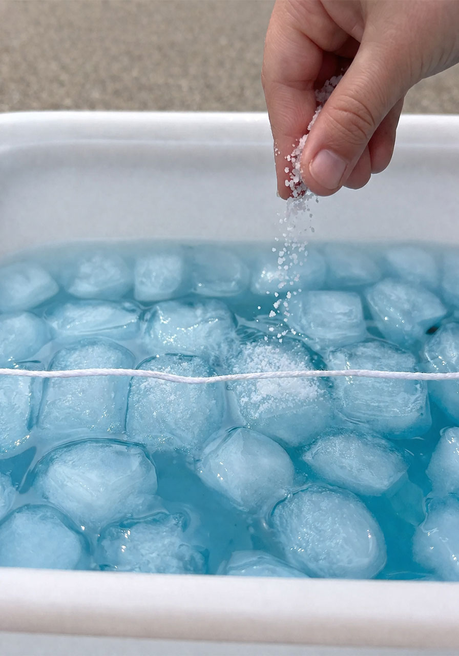 Sprinkling salt on string over ice cubes to demonstrate freezing point science experiment