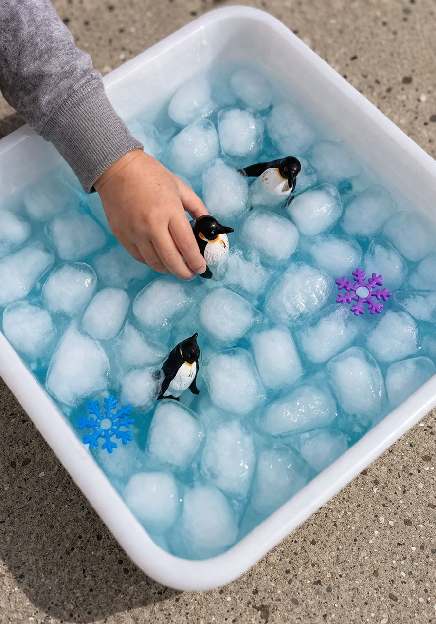 Winter sensory bin with ice cubes penguin figurines and snowflakes for open-ended play