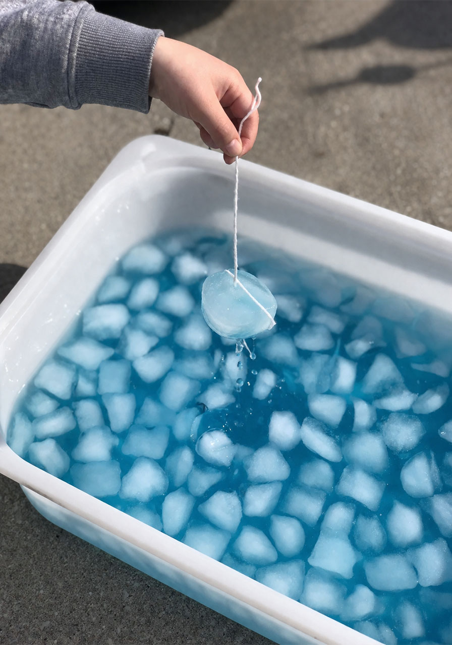 Child lifting ice cube out of water using only a piece of string in winter STEM experiment