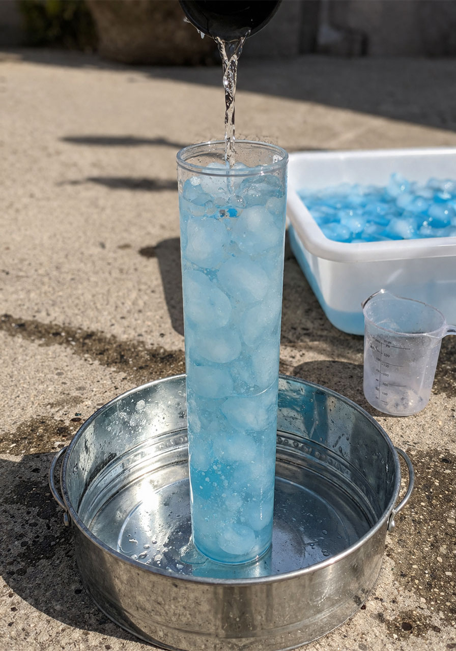 Tall container filled with blue ice water demonstrating pouring for STEM sensory exploration