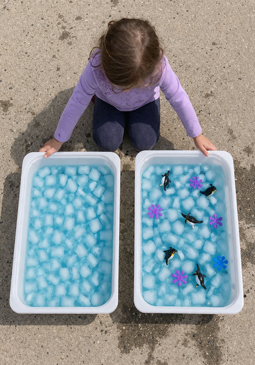 Comparing plain ice bin versus decorated winter sensory bin for classroom STEM lesson
