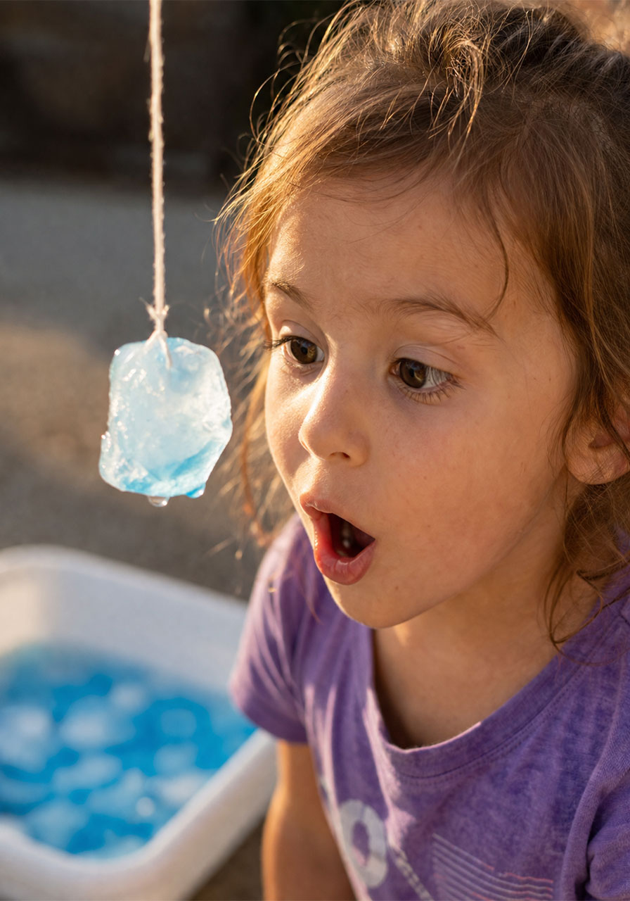 Child's amazed reaction to winter ice magic STEM experiment showing wonder and discovery